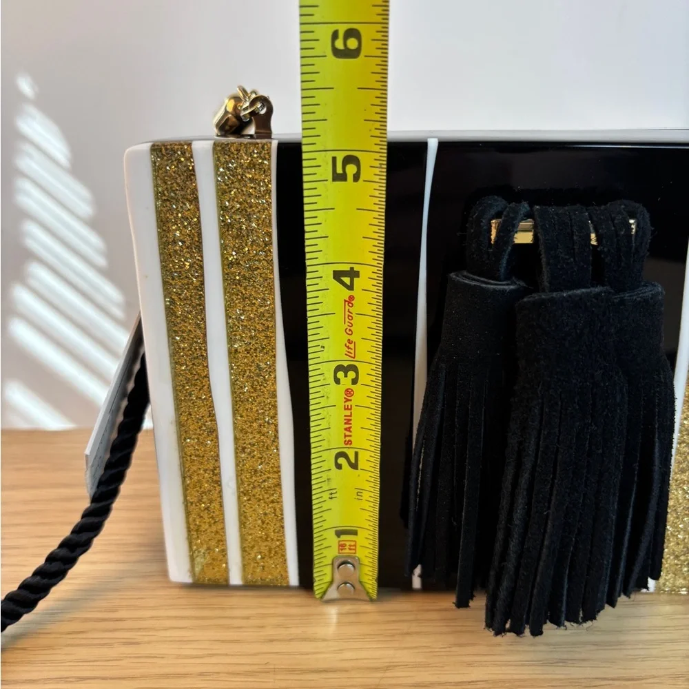 ISTI Acrylic Black White & Gold‎ Glitter Striped Bag NWT Chain/Rope Strap